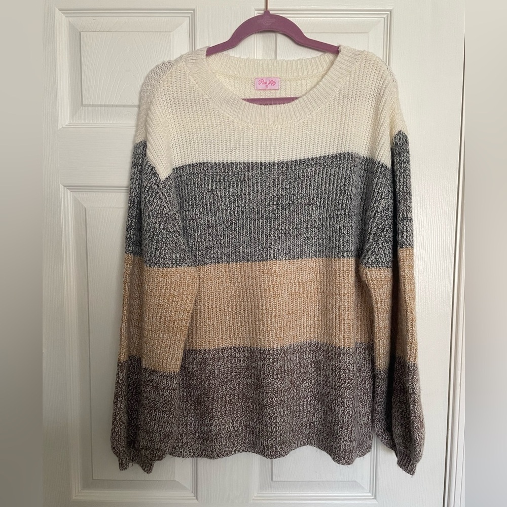 Pink Lily Women’s Striped Knit Sweater -Colorblock Cream, Gray, Tan size Medium